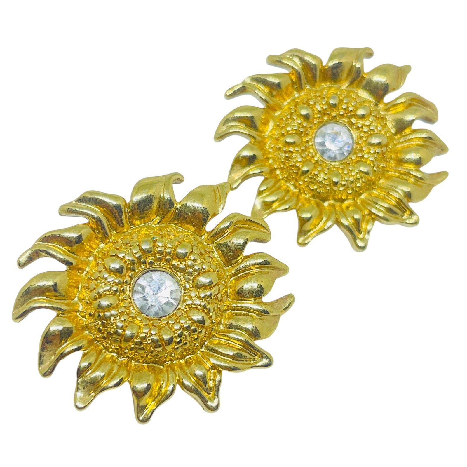 Vintage Gold Tone Rhinestones Sunflower Designer 80's Post Earrings